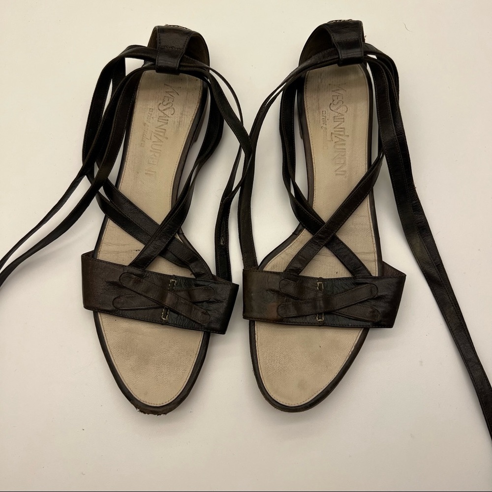 Yves Saint Laurent Dark Brown Leather Lace-Up Sandals